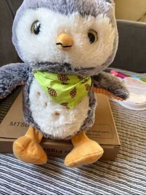 Gray & White Plush Owl Small Pet Toy with Green Pinecone Bandana